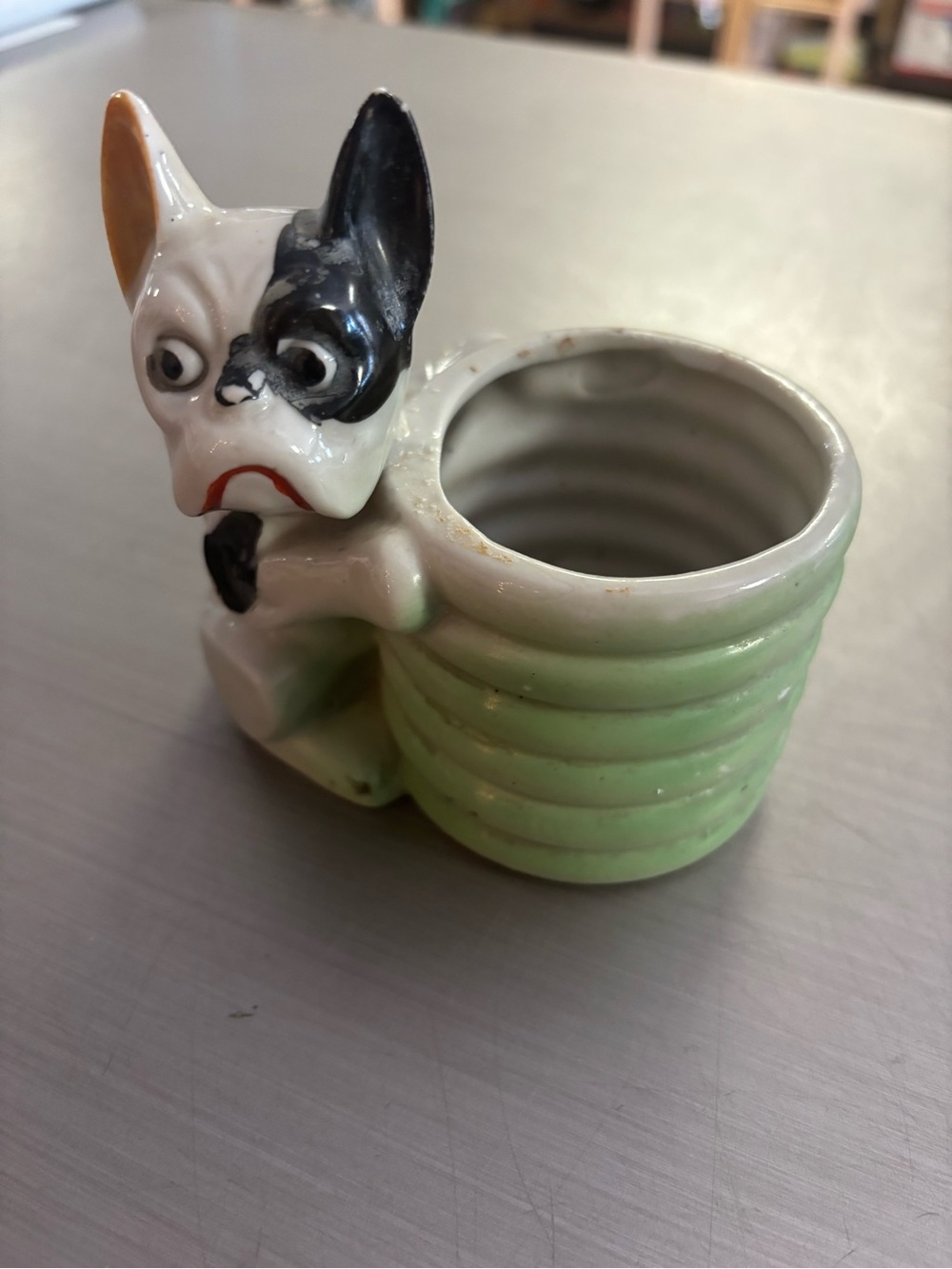 Ceramic Dog Planter in Green and White - Decorative Pet Accent